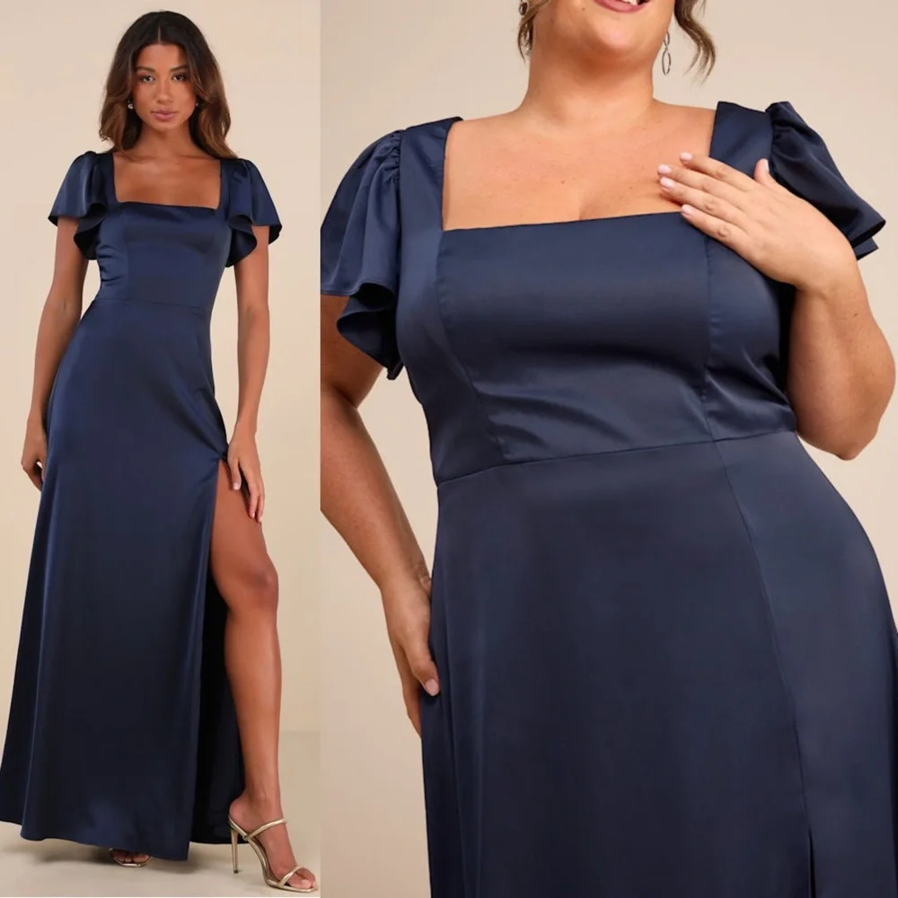 NWT LULUS Satin Square Neck Flutter Short‎ Sleeve Wedding Guest Formal Gown 3X